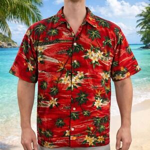 Hawaii Station Hawaiian Aloha Shirt 3XL Palms Bird Of Paradise Plumeria Flowers